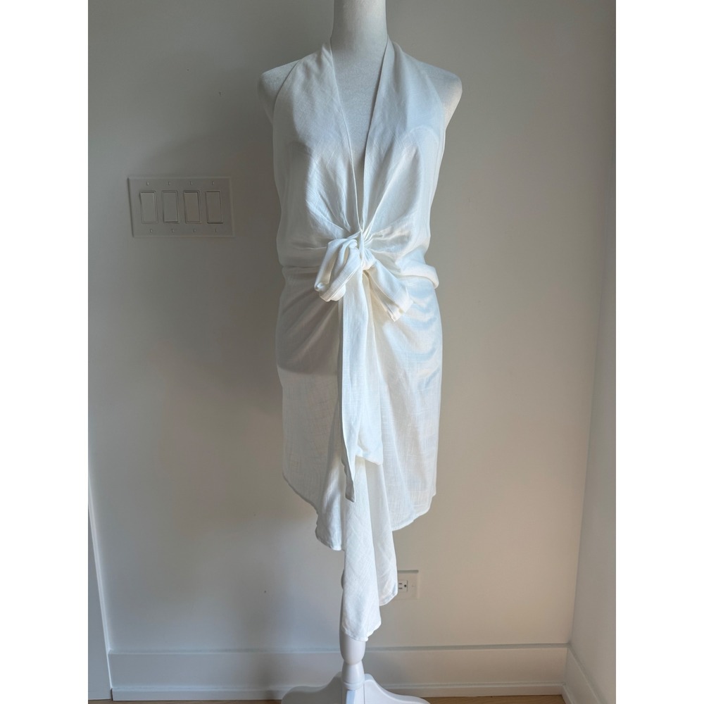 Micas White Linen Blend Tie Front Halter Mini Dress Size M NEW
